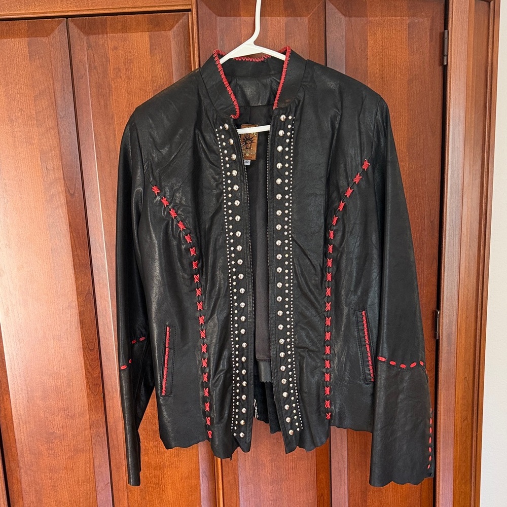 Black Leather Jacket with Red Contrast Stitching and Stud Detail